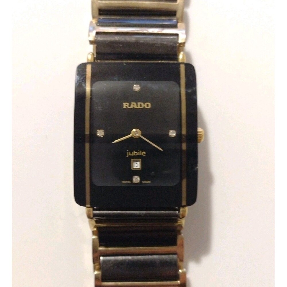 Rado Jubilé Rectangle Quartz Watch Date Black/Gold Ceramic Bracelet Diamond